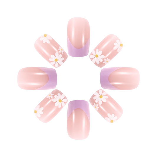 Whimsical Floral Elegance Medium Square Blush Pink and Lavender with Charming Daisy Accents Press-On Nail Set
