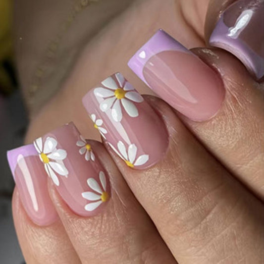 Whimsical Floral Square Medium Pink and Purple with Charming Daisy Design Press on Nail Set