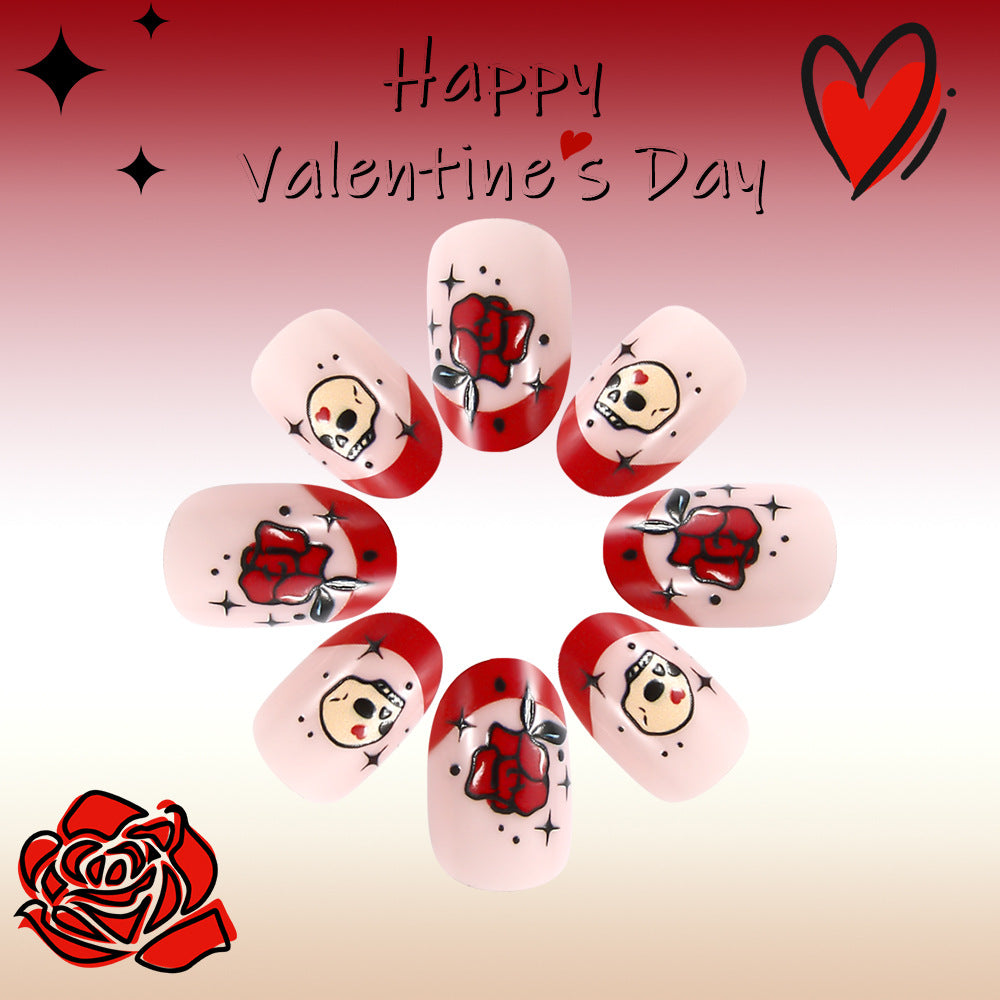 Romantic Rose Inspired Short Round Red and Pink Press On Nail Set with Charming Skull Designs