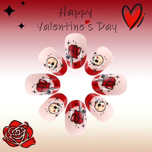Romantic Rose Inspired Short Round Red and Pink Press On Nail Set with Charming Skull Designs