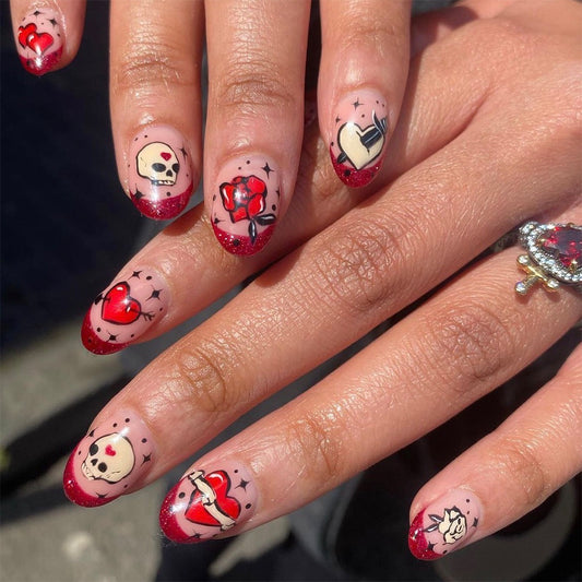Gothic Romance Medium Oval Red Glitter Press On Nail Set with Skull and Heart Art