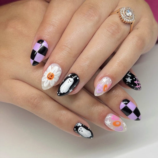 Spooky Chic Long Almond Press On Nail Set in Black Purple White and Pink with Unique Ghost and Floral Art