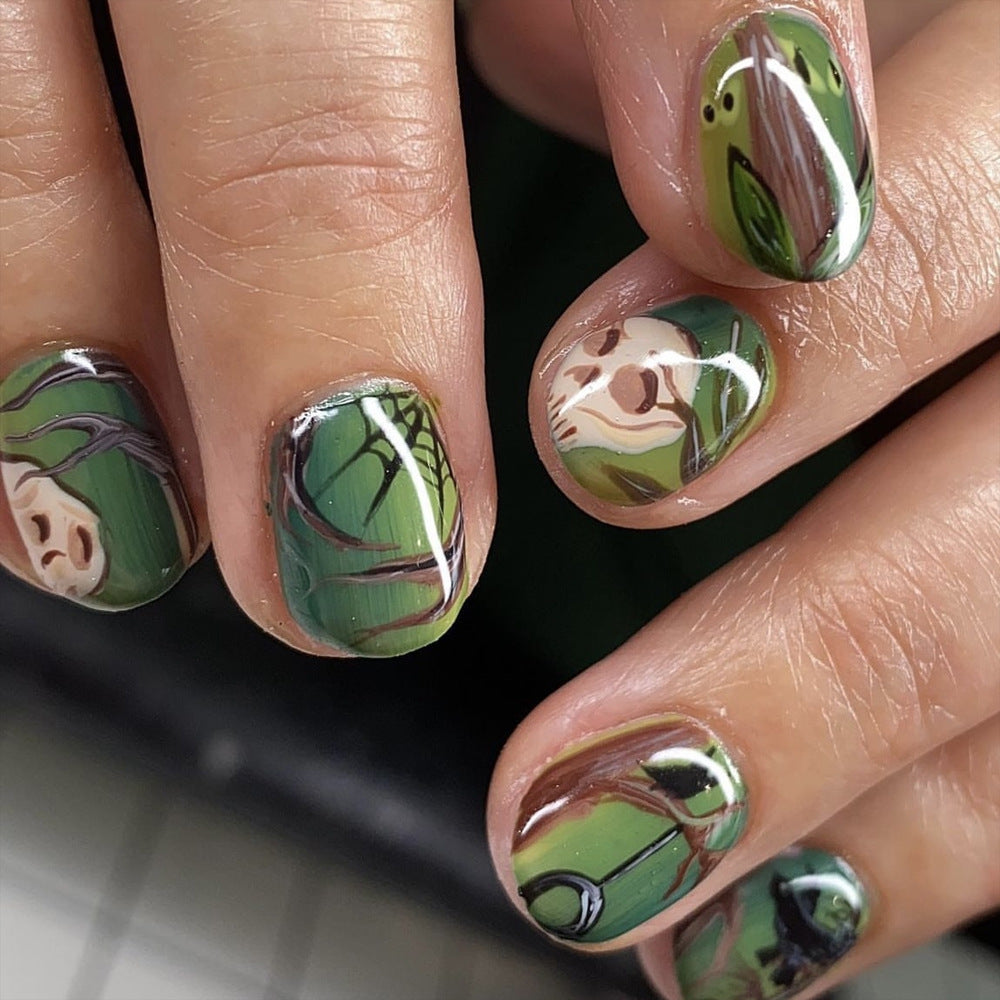 Forest Dream Short Oval Green and Brown Press On Nail Set with Nature Inspired Designs