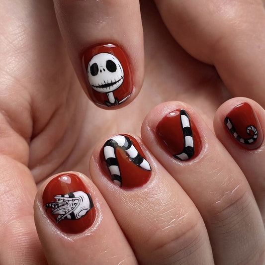 Spooky Nightmare Before Christmas Press On Nail Set Short Oval Red With Unique Character Art