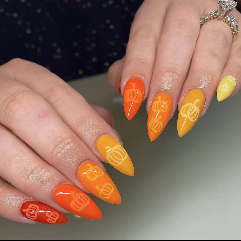 Autumn Harvest Long Stiletto Pumpkin Design Press On Nail Set in Orange and Yellow