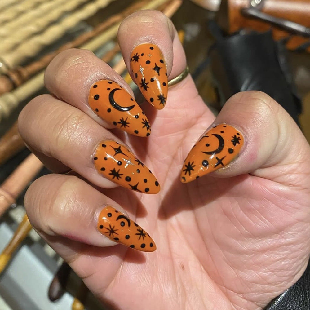 Celestial Vibes Long Stiletto Orange Press On Nail Set with Star and Moon Accents