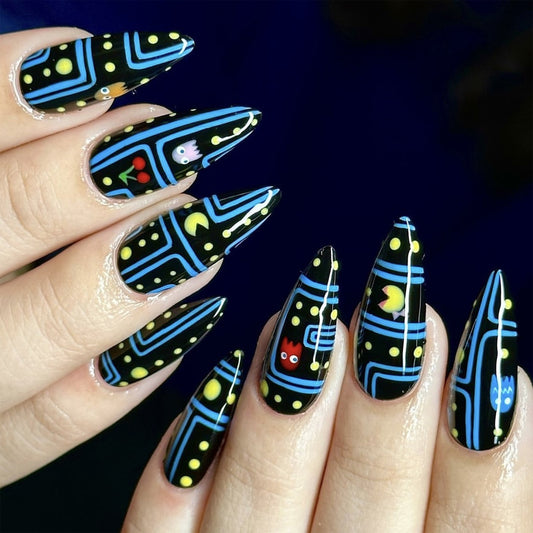Retro Arcade Long Stiletto Press On Nail Set Black With Colorful Ghost And Fruit Designs
