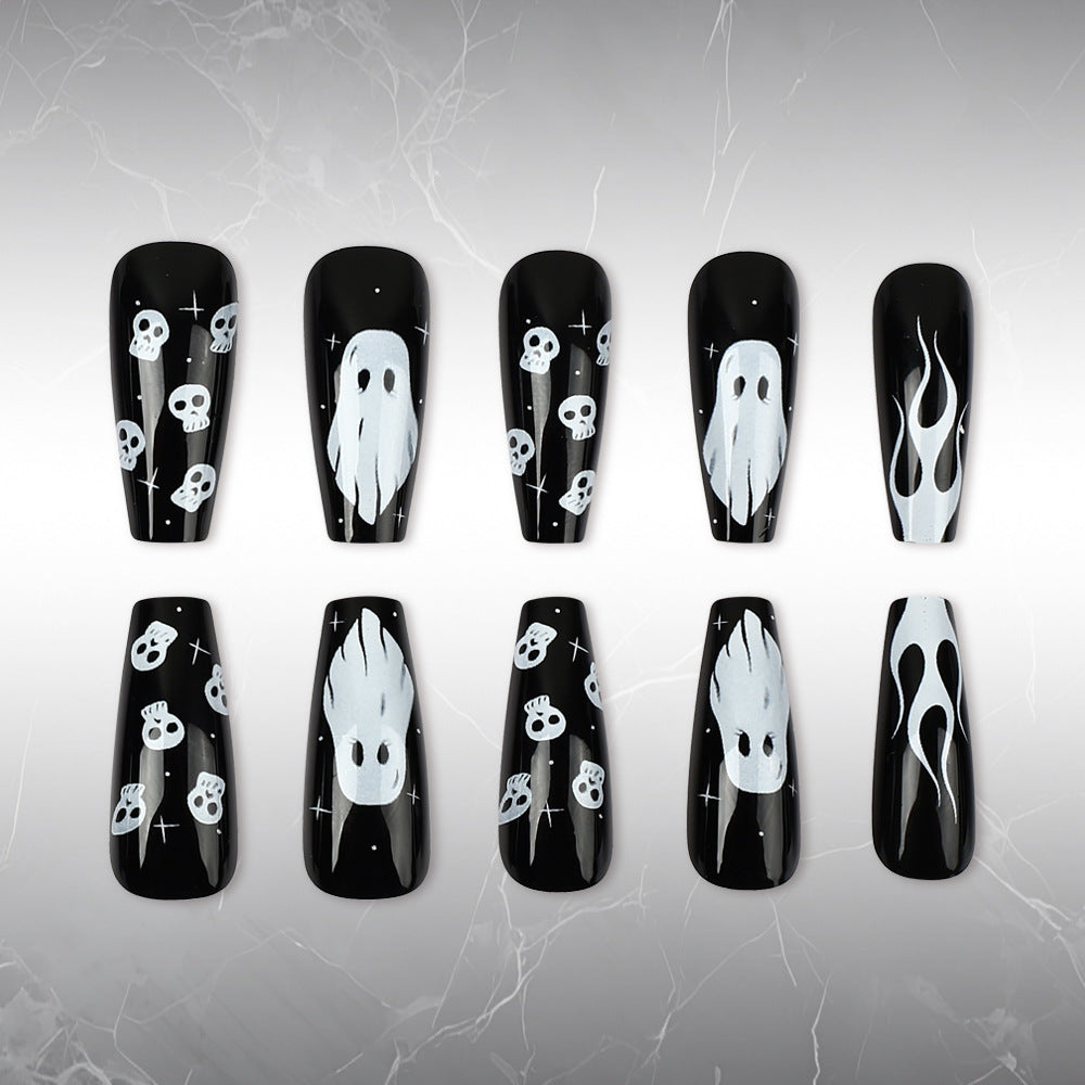 Spooky Vibes Long Coffin Black with Ghost and Skull Design Press On Nail Set