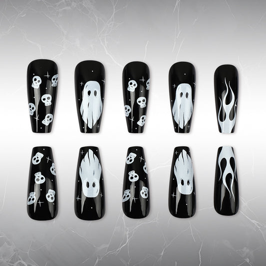 Spooky Vibes Long Coffin Black with Ghost and Skull Design Press On Nail Set