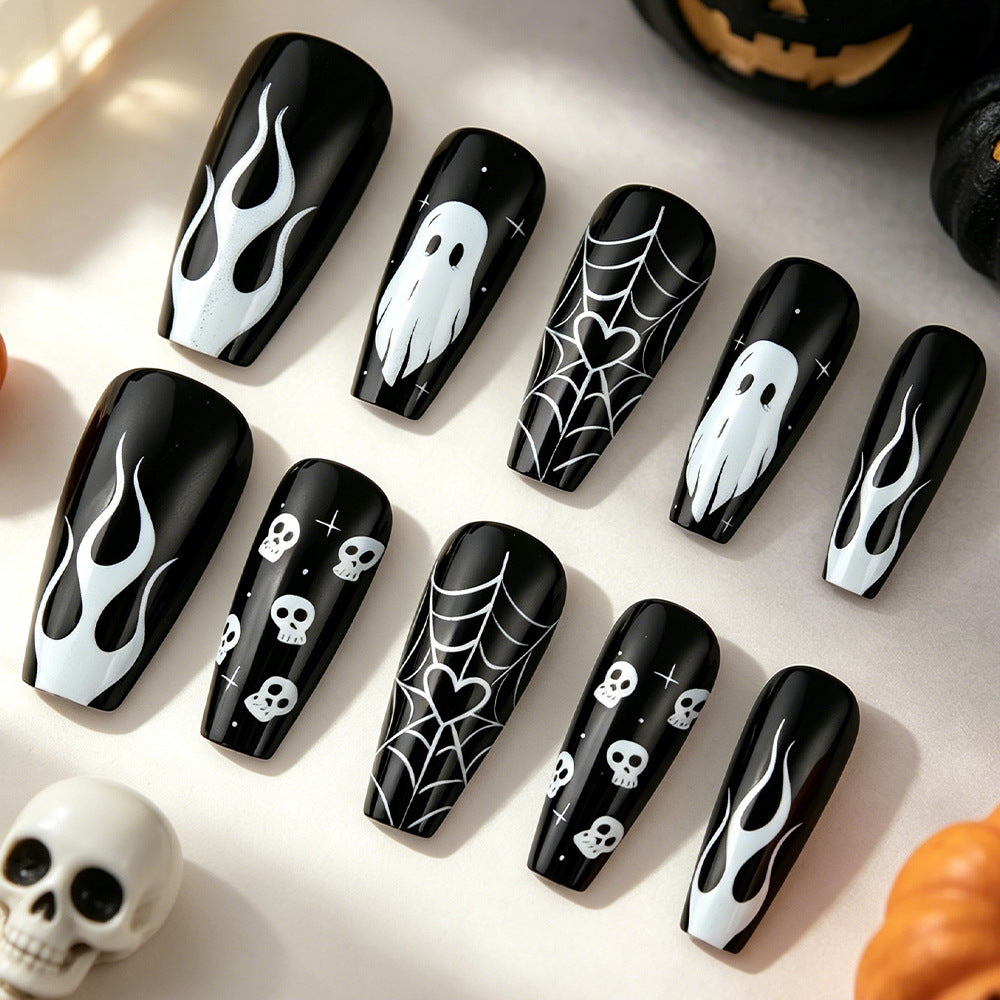 Spooky Halloween Medium Coffin Black Flame and Ghost Press On Nail Set