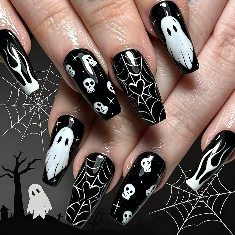 Spooky Glam Long Coffin Black with Ghosts and Skulls Press-On Nail Set