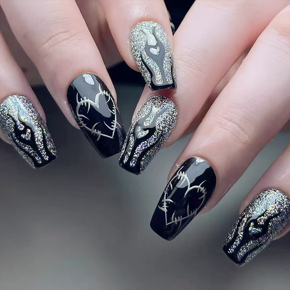 Gothic Charm Long Coffin Black and Glitter Press On Nail Set with Heart and Stitch Design
