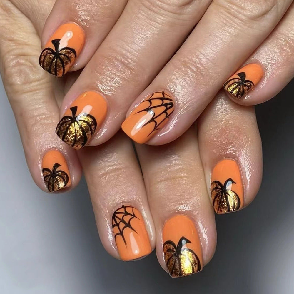 Autumn Elegance Medium Square Orange Press On Nail Set with Pumpkin and Spiderweb Design