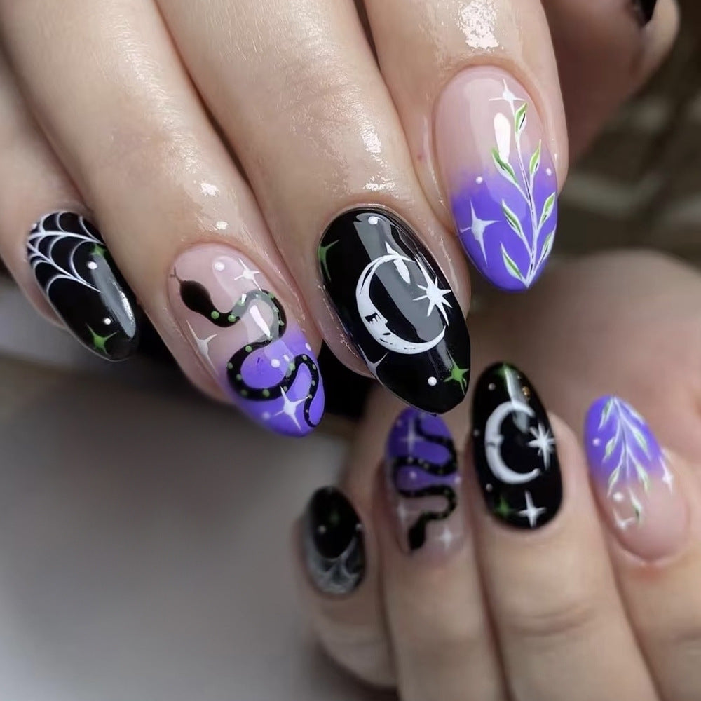 Mystical Night Long Almond Purple and Black Press On Nail Set with Enchanting Moon and Snake Designs