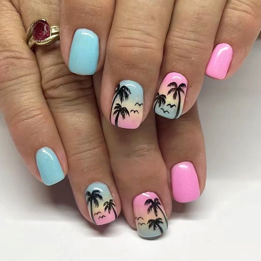 Tropical Paradise Square Short Pastel Blue Pink Palm Tree Press On Nail Set