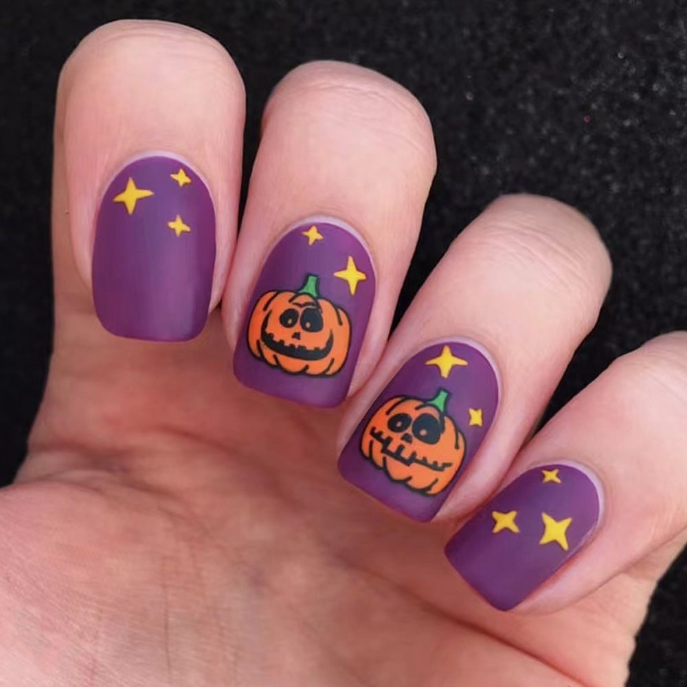 Halloween Magic Medium Square Purple Nails with Pumpkin and Star Designs