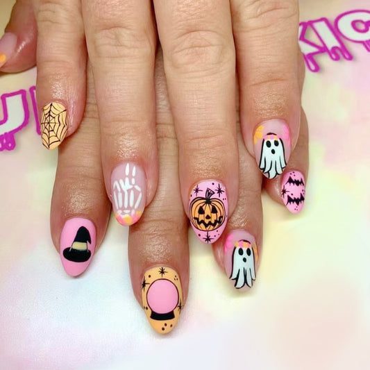 Spooktacular Medium Almond Pink and Orange Press On Nail Set with Halloween Graphics