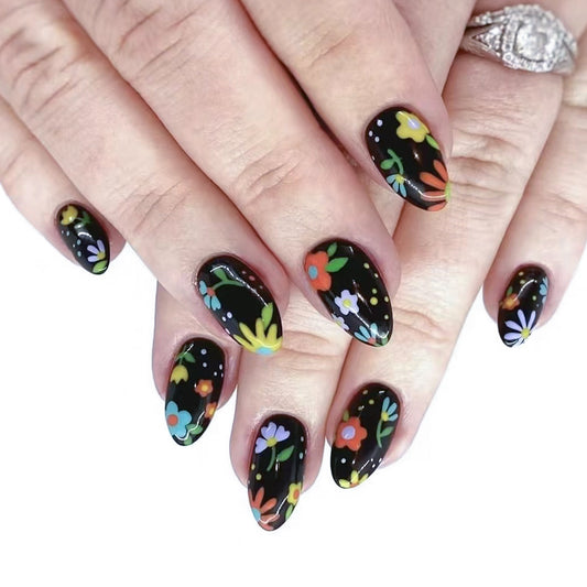 Floral Garden Medium Almond Black Press On Nail Set with Colorful Hand-Painted Flowers
