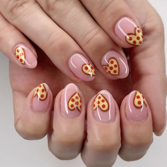 Pizza Party Medium Almond Shaped Pink Press On Nail Set with Fun Heart and Pepperoni Design