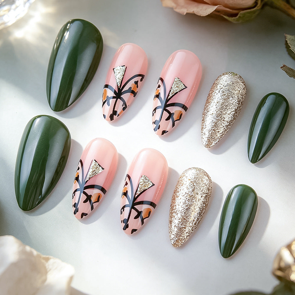 Garden Elegance Medium Almond Forest Green with Glitter Accents Press On Nail Set