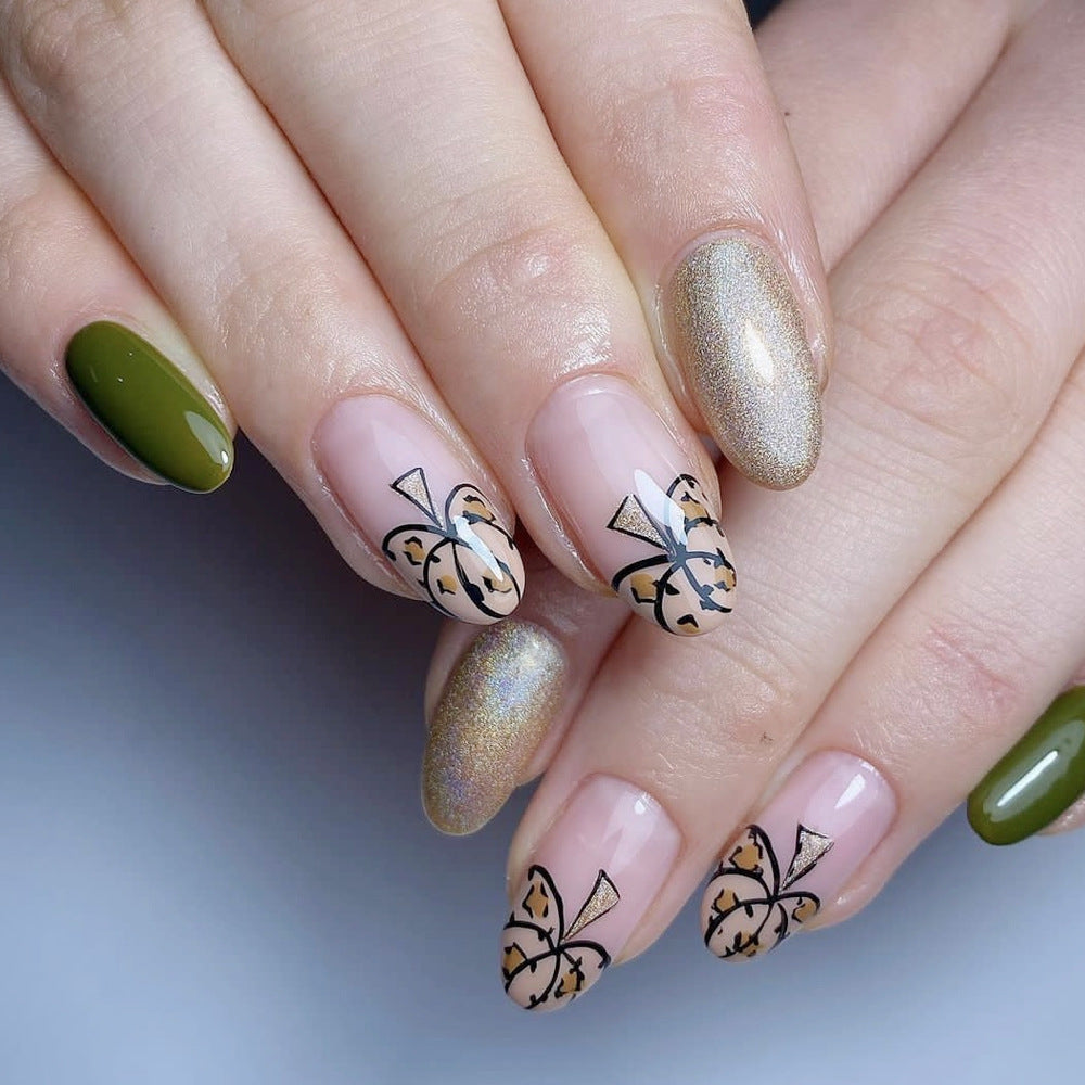 Chic Butterfly Dreams Long Oval Olive Green Beige Gold Glitter Press On Nail Set