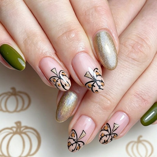 Autumn Vibes Medium Oval Olive Green with Gold Glitter Press-On Nail Set