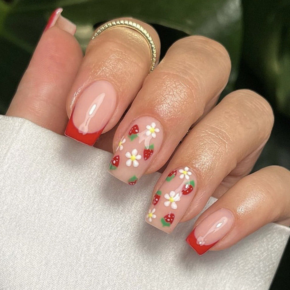 Berry Delightful Square Medium Length Red and Pink Floral Press On Nail Set