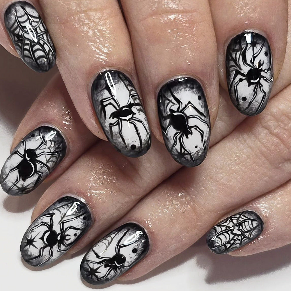 Spooky Night Long Oval Black and White Spider Web Press On Nail Set with Glossy Finish
