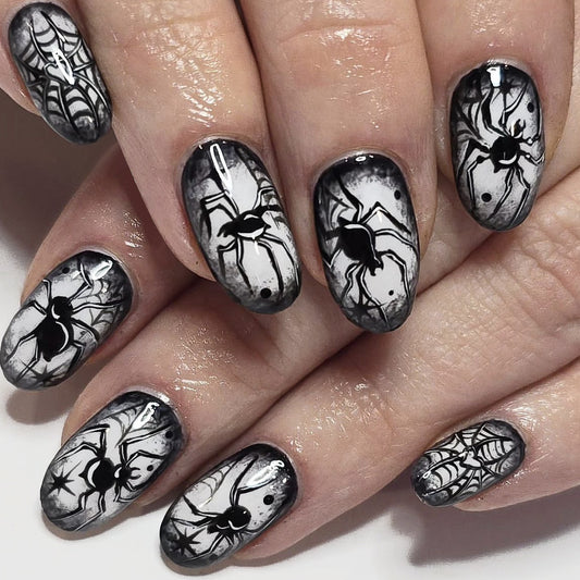 Spooky Night Long Oval Black and White Spider Web Press On Nail Set with Glossy Finish