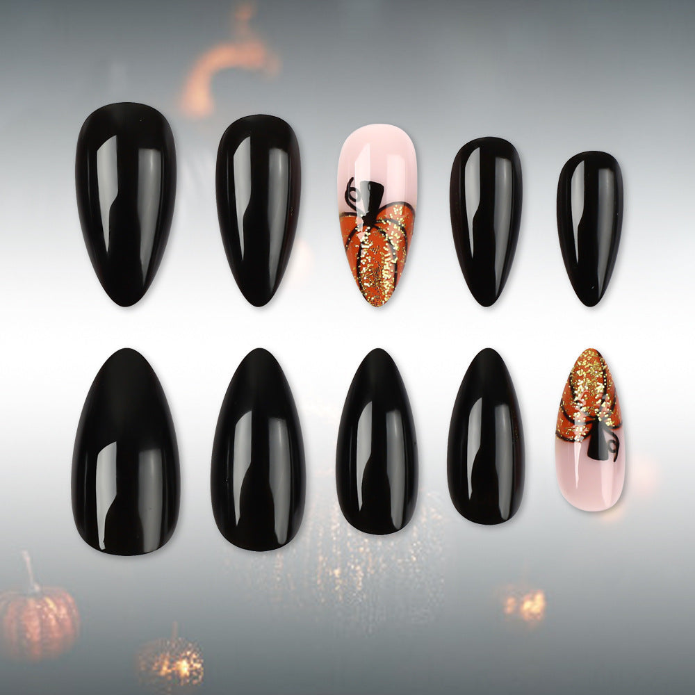 Spooky Glam Medium Stiletto Black with Glitter Accent Press On Nail Set