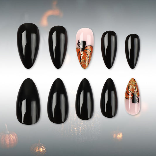 Spooky Glam Medium Stiletto Black with Glitter Accent Press On Nail Set