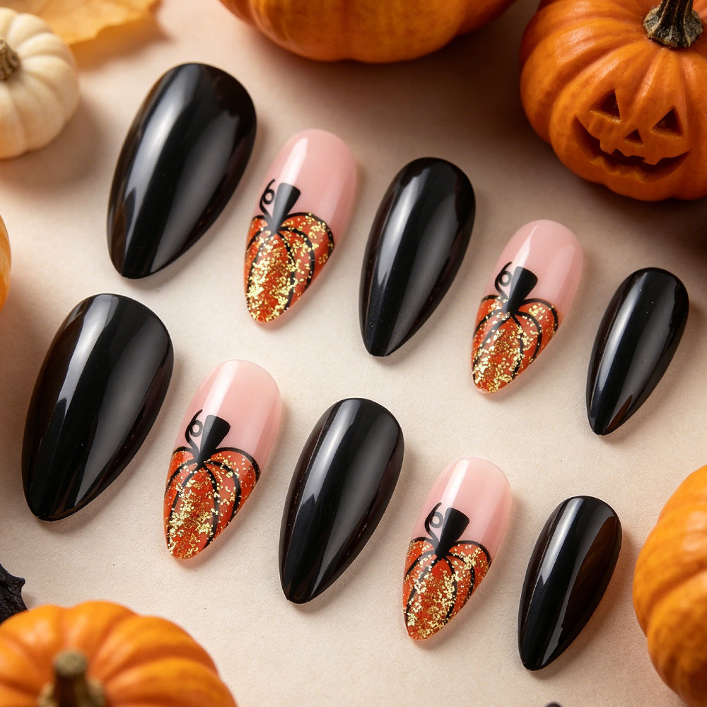 Spooky Autumn Medium Almond Black and Orange Glitter Press On Nail Set