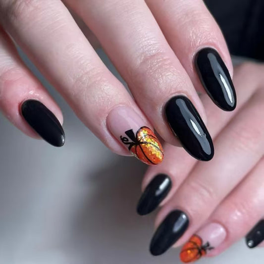 Basketball Fever Long Almond Shape Black and Orange Press On Nail Set with Glitter Basketball Accent