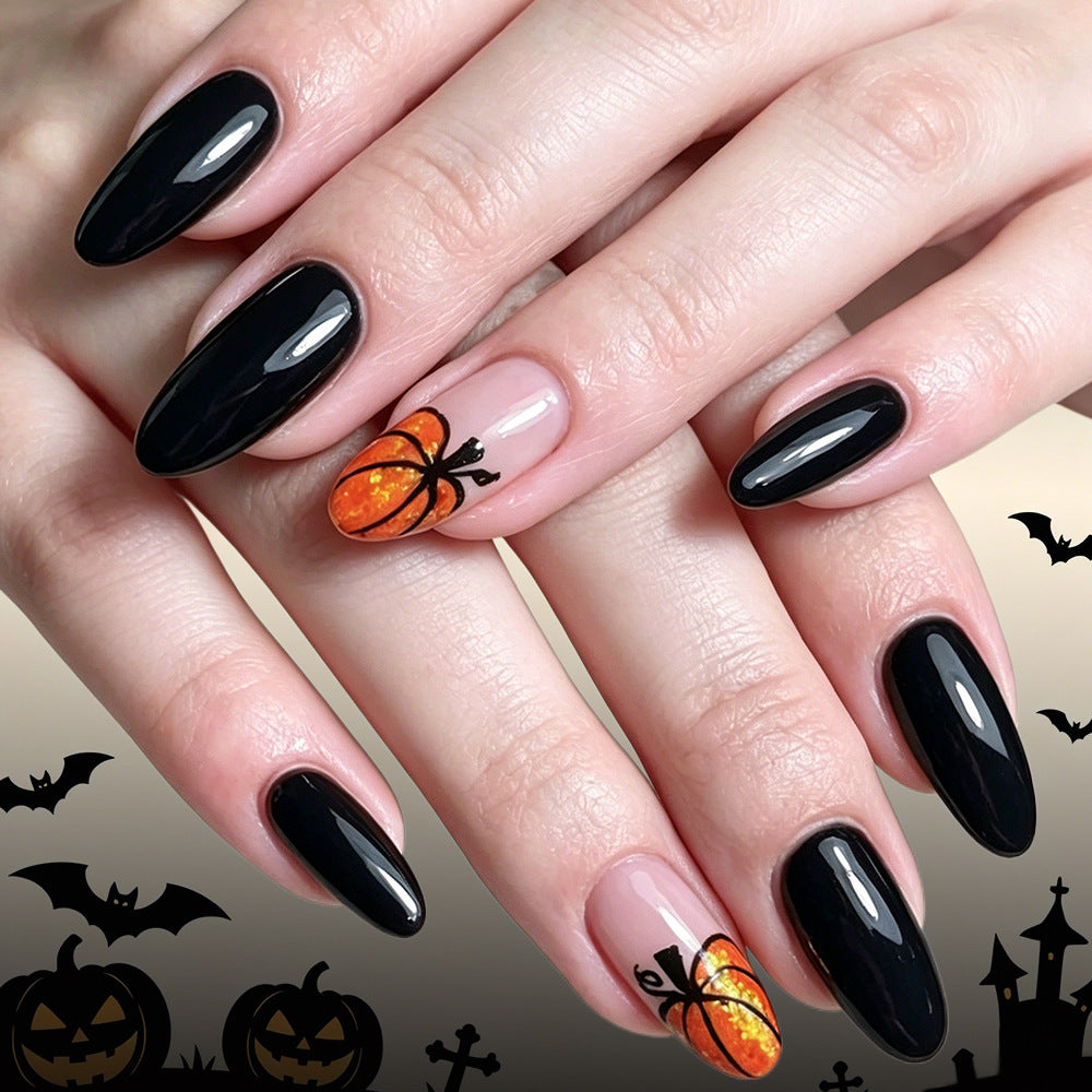 Spooky Glam Medium Almond Black with Pumpkin Accent Press on Nail Set
