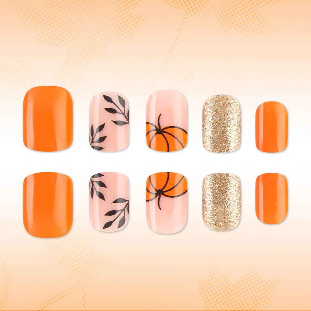 Autumn Bliss Short Square Orange with Leaf and Pumpkin Design Press On Nail Set