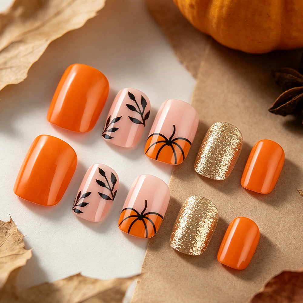 Autumn Vibes Short Square Orange with Pumpkin and Leaf Design Press On Nail Set