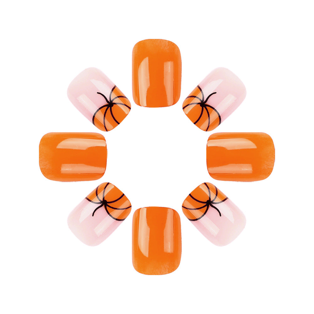 Autumn Vibes Glossy Short Square Orange and Pink Pumpkin Accent Press On Nail Set