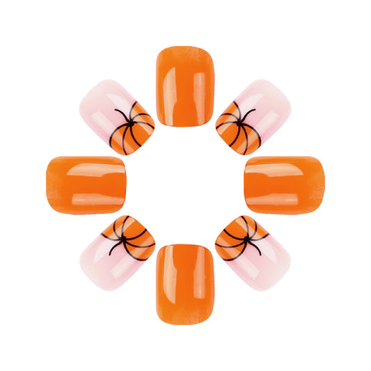 Autumn Vibes Glossy Short Square Orange and Pink Pumpkin Accent Press On Nail Set