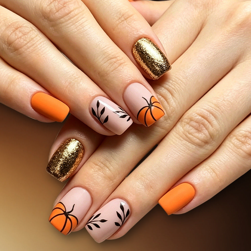 Autumn Vibes Short Square Orange with Pumpkin Design Press On Nail Set