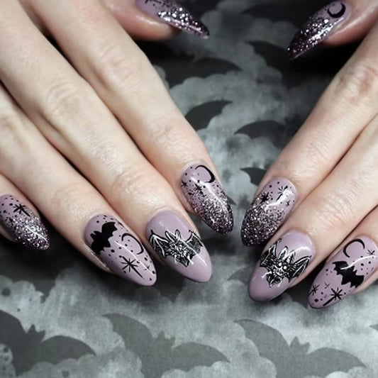 Halloween Glamour Long Almond Purple Glitter Press On Nail Set with Bat and Moon Design
