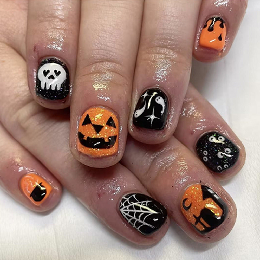 Spooktacular Short Square Black and Orange Press On Nail Set with Halloween Designs
