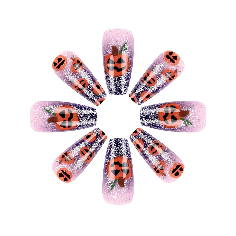 Spooky Halloween Long Coffin Purple Glitter Press On Nail Set with Charming Pumpkin Designs