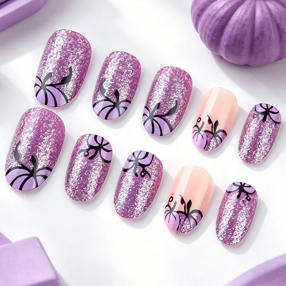 Autumn Enchantment Short Round Purple Glitter Press On Nail Set with Pumpkin Design