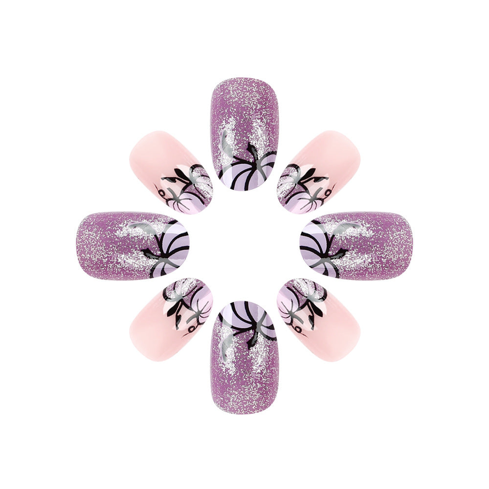 Whimsical Garden Press On Nail Set Medium Oval Lavender and Pink with Glitter and Floral Design