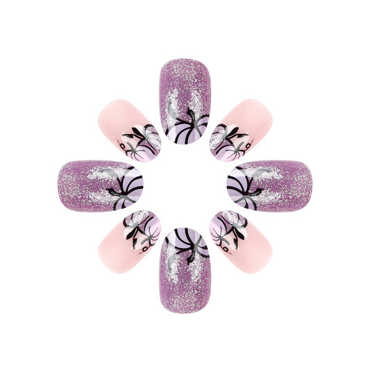 Whimsical Garden Press On Nail Set Medium Oval Lavender and Pink with Glitter and Floral Design