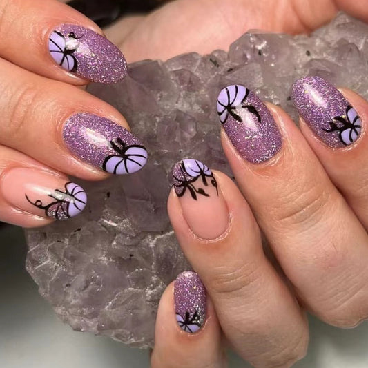 Whimsical Elegance Medium Oval Lavender Glitter Press-On Nail Set with Intricate Floral Designs