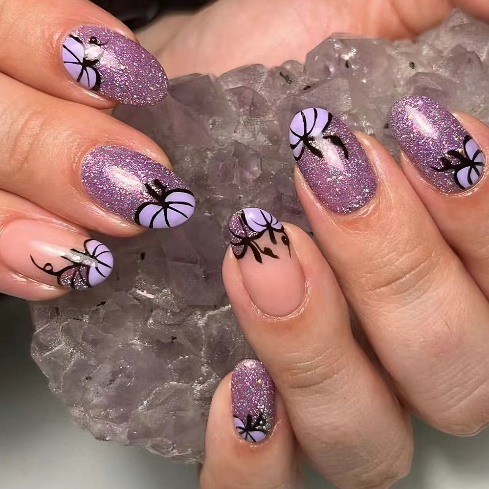 Glamorous Floral Fantasy Medium Oval Purple Glitter with Delicate Black Leaf Design Press on Nail Set