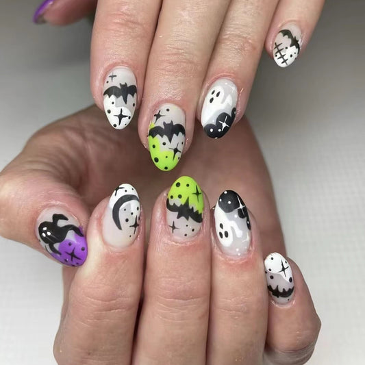 Spooky Halloween Press On Nail Set Almond Shape Medium Black White Purple Green Ghost and Bat Design