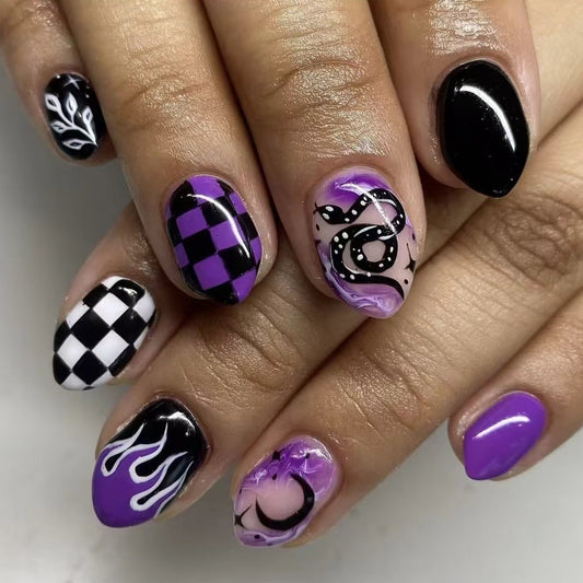 Mystical Night Medium Almond Press On Nail Set in Purple and Black with Unique Octopus Design