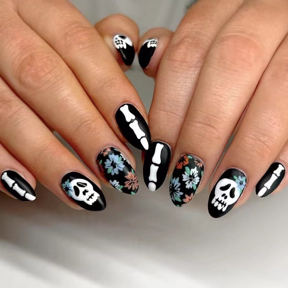 Spooky Floral Elegance Long Almond Black and White Press On Nail Set with Skeleton and Flower Design